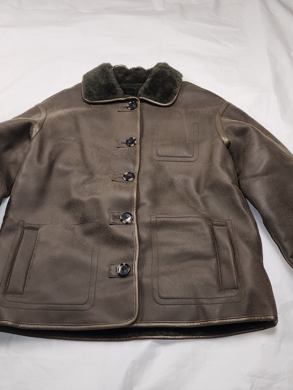 MNG Women's Faux Shearling Leather Effect Coat Brown/Green Size Small